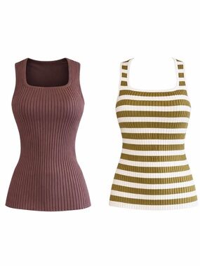 Ribbed Square Neck Tank Bundle | Brown + Olive Stripe | Size S | NWT